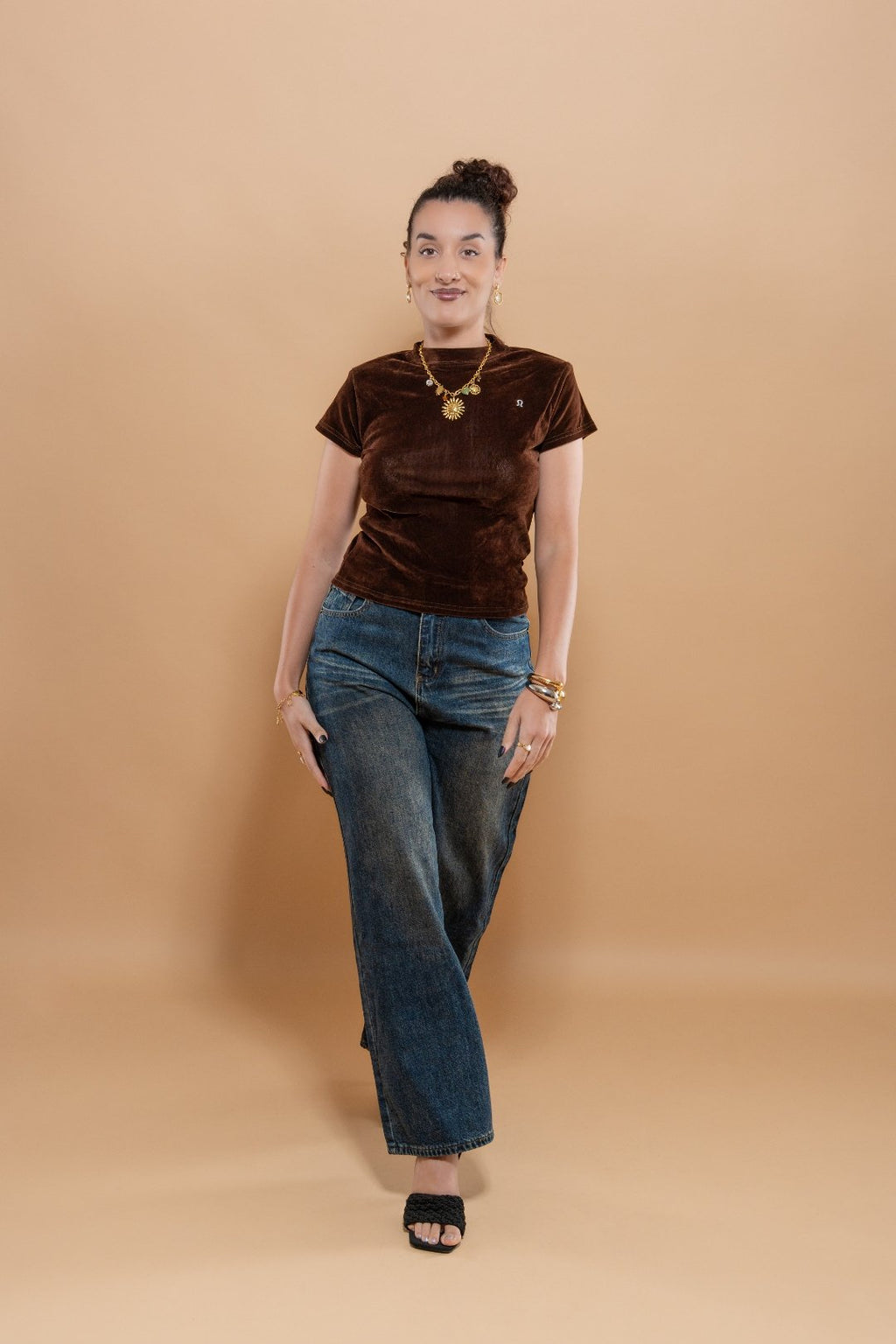 T-Shirt Femme en Velours Élastique avec Bijou